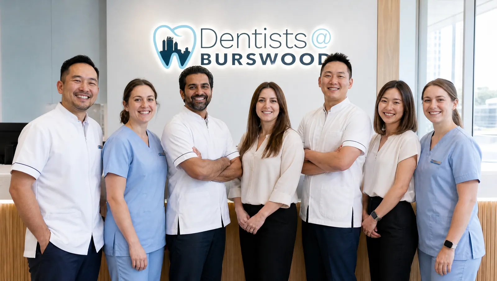 The Burswood Dental team, smiling together at reception